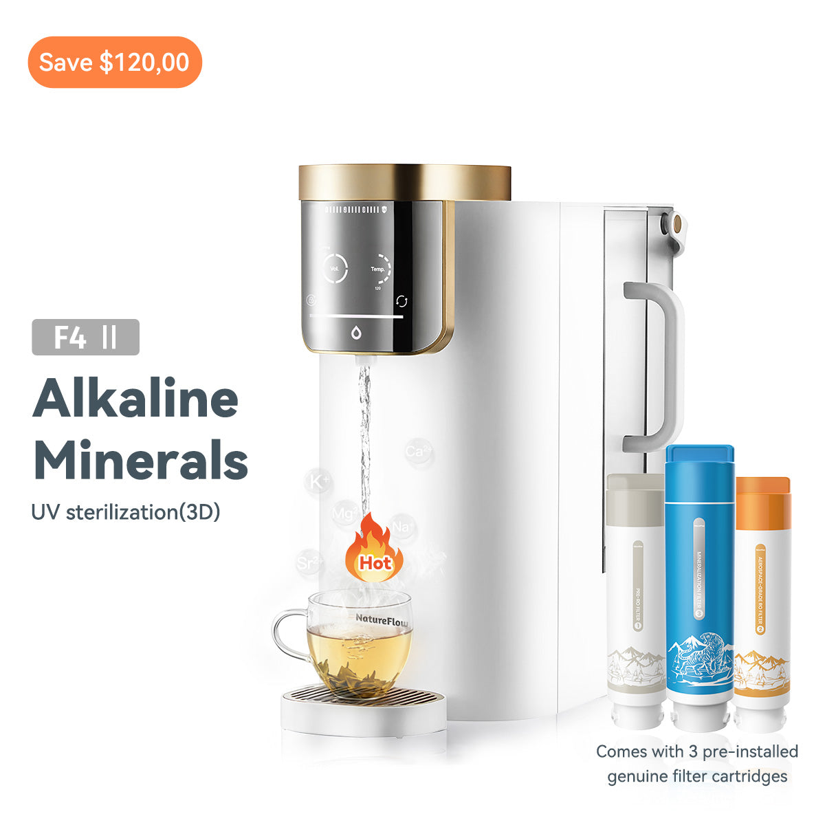 F4 Countertop RO Water Mineralization System | Natural Mineral Alkaline WaterïŒPH 9.5ïŒ| Instant Hot Water Dispenser (5 Temps)|99.9% Lead Removal|Lead-Free & UV Self-Cleaning