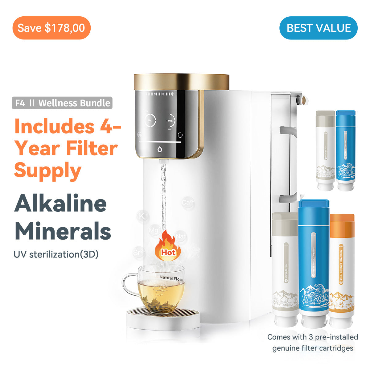 F4 Countertop RO Water Mineralization System | Natural Mineral Alkaline WaterïŒPH 9.5ïŒ| Instant Hot Water Dispenser (5 Temps)|99.9% Lead Removal|Lead-Free & UV Self-Cleaning