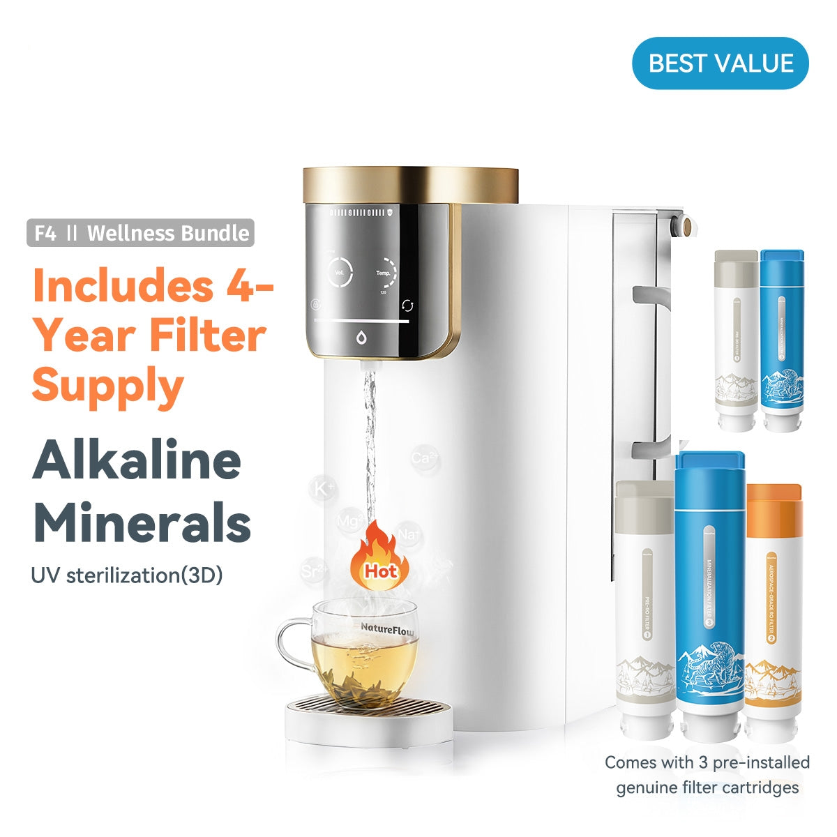 F4 Countertop RO Water Mineralization System | Natural Mineral Alkaline Water(PH 9.5)| Instant Hot Water Dispenser (5 Temps)|99.9% Lead Removal|Lead-Free & UV Self-Cleaning