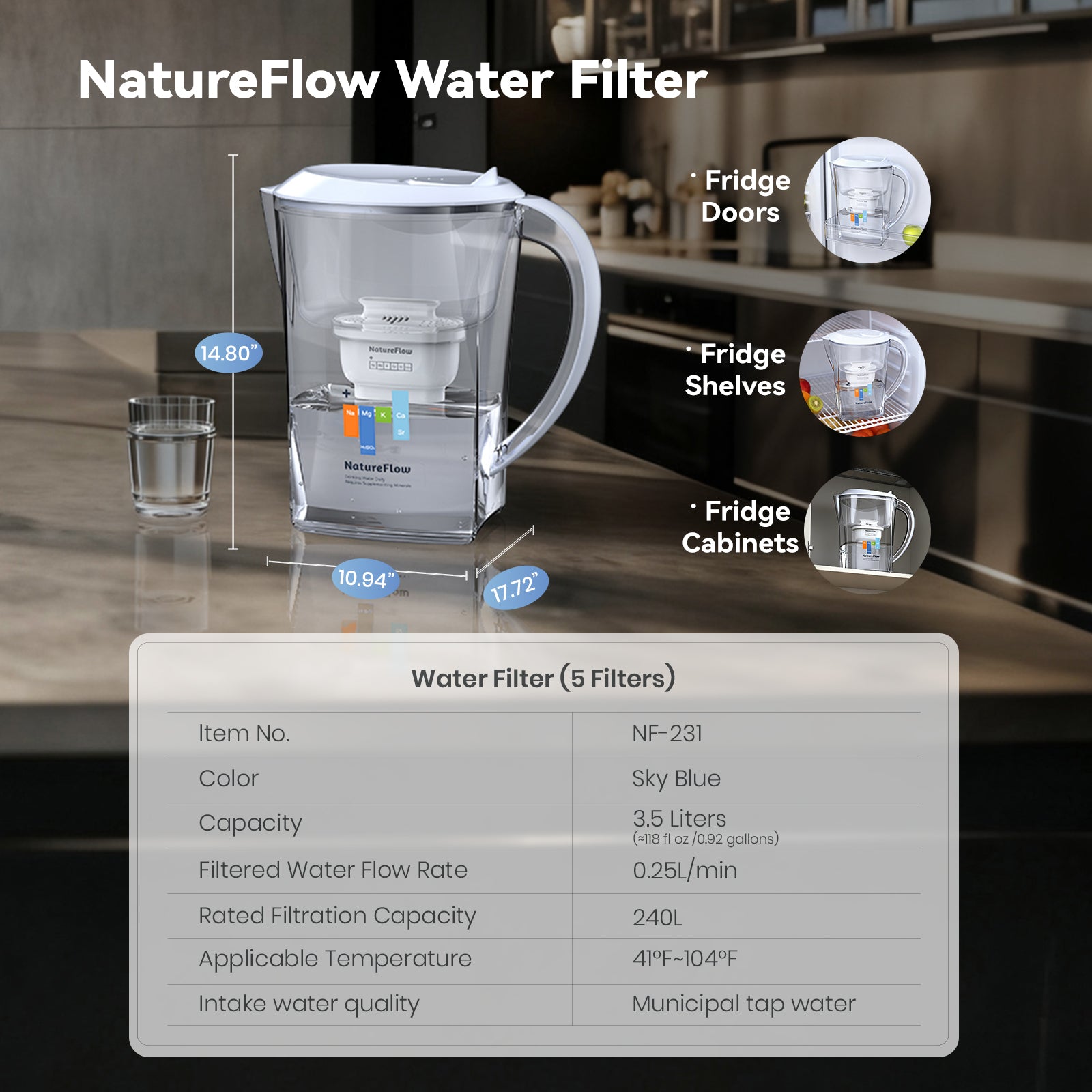 Premium 3.5L Water Filter Pitcher|Removes Lead, Chlorine & 36 Impurities