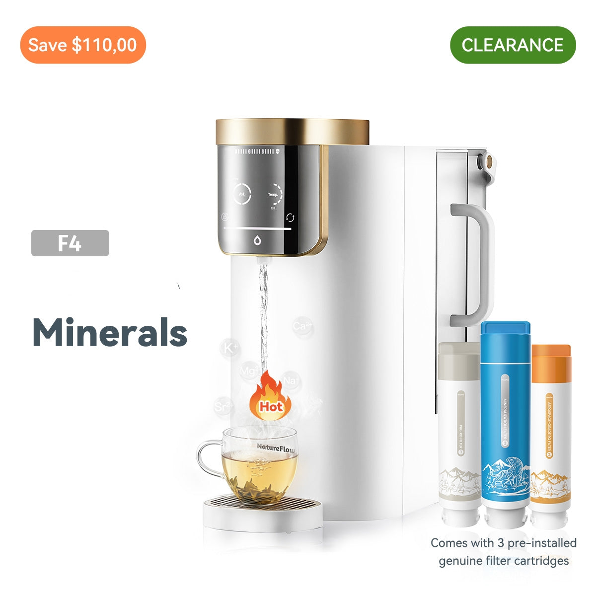F4 Countertop RO Water Mineralization System | Natural Mineral Alkaline Water（PH 9.5）| Instant Hot Water Dispenser (5 Temps)|99.9% Lead Removal|Lead-Free & UV Self-Cleaning